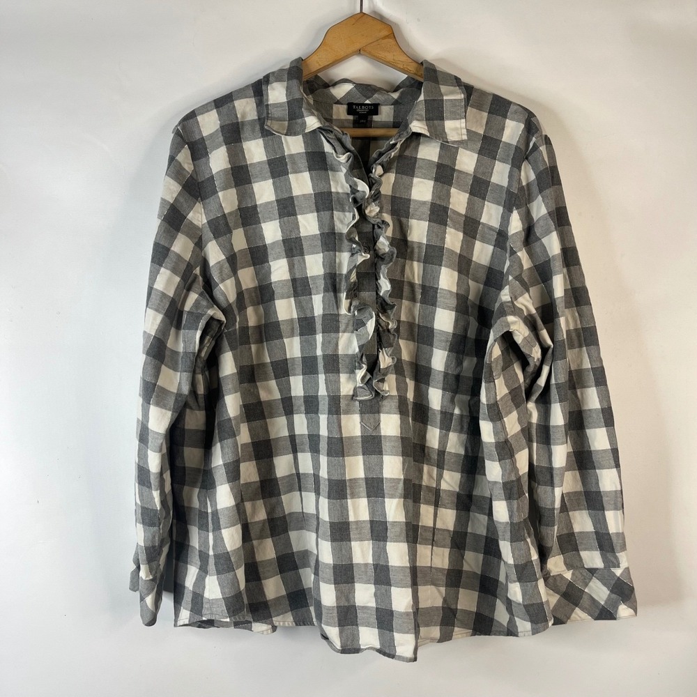 Talbots Blouse Women 20W Gray Gingham Ruffle V-Neck Metallic Cotton Top